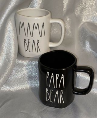 Rae Dunn Mug Set Black Matte " Papa Bear " And Ivory " Mama Bear "