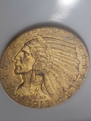 1913 Indian Head $5 Gold Half Eagle - Ngc Ms 62 - Pre 1933 U.  S.  Gold