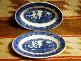 2 Buffalo China Blue Willow Restaurant Weight Oval Serving Platters 9 1/2 "