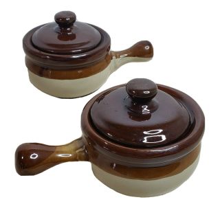 Crock Soup Bowls Brown Stoneware With Handle & Lid Set Of 2 Vintage 1970’s