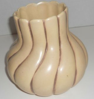 RUMRILL Pottery 30’s 7 1/2” Vertical Ribbed VASE 451 Ivory/Brown Deco Ohio USA 2