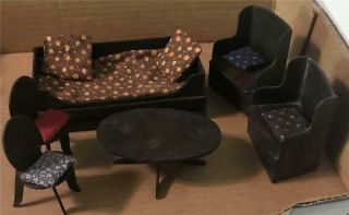 Vintage 1:12 Scale Dollhouse 6 - Piece Wood Living Room - Chairs,  Table,  Coach