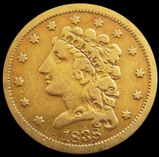 1838 Gold Classic Head $2.  5 Quarter Eagle Coin Philadelphia