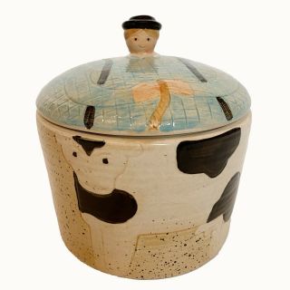 Folk Craft By Shafford Hand Painted Farmer With Cow Pottery Lidded Jar
