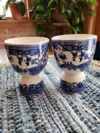 2 - Vintage 3 3/4 " Double Egg Cup Blue Willow Pattern Japan