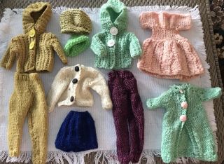 Vtg 1960’s Barbie 12” Doll Hand Knit Cardigan Sweater Skirt Pants Dress Coat Hat