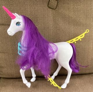Barbie Doll Dreamtopia White Unicorn Horse Purple Hair,  Pink Horn And Reins