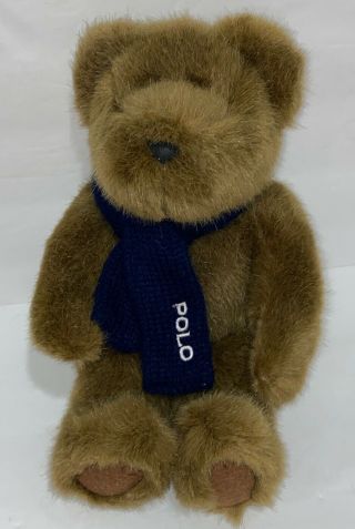 Ralph Lauren Polo Teddy Bear Plush 2001 Blue Logo Scarf 10” Tall Brown