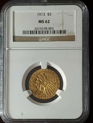 1913 Indian Head $5 Gold Half Eagle - Ngc Ms 62 - Pre 1933 U.  S.  Gold