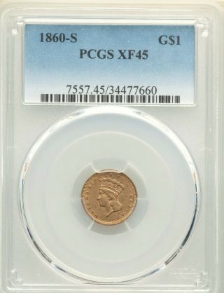 1860 - S Pcgs Xf45 $1 Gold Dollar Type 3 Large Liberty Head Low 13,  000 Mintage