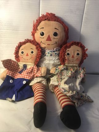 Vintage 1970’s Raggedy Ann And Andy Knickerbocker Hand Puppets 10” Doll 18”