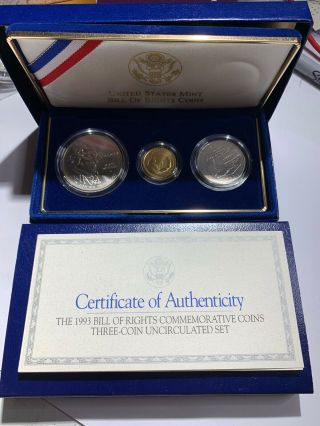 1993 Bill Of Rights 3 Coin Set - Ogp - 90 Silver / 1/4 Oz Gold Proof