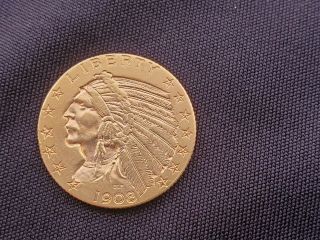 1908 D $5 Indian Head Gold Half Eagle.  - Tough Date