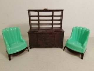 Vintage Plasco Dollhouse Furniture: 2 Wing Club Chairs,  Credenza & Hutch