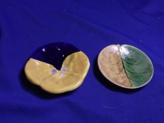 2 Antique Majolica Butter Pats 1 Signed Etruscan Both Have I Chip Each Restored