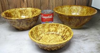 Antique Set Three Of Bennington,  Vt Rockingham Glaze Yellow Ware Bowls