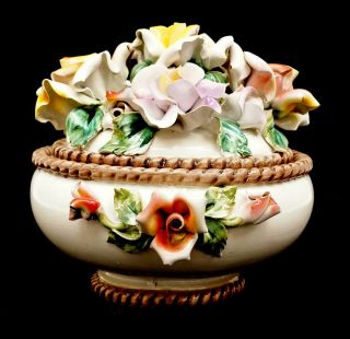 Bassano Italy Capodimonte 3 " X6 " Hand Painted Porcelain Floral Lidded Bowl B7993