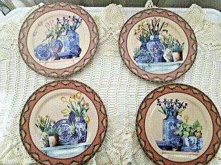 (4) L.  Godlinger 7.  5 " Plates Vase Iris Tulips Daffodils Lavender Email De Limoges