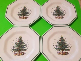 4 Pc Set Nikko Christmastime Octagon Christmas Tree 10 3/4 " Dinner Plates Japan