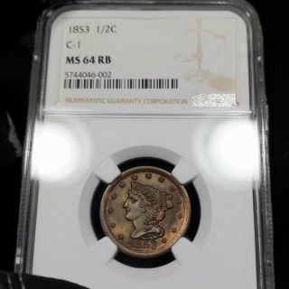 1853 Ms64 Rb Red Brown C - 1 Braided Hair Half Cent 1/2c,  Ngc Graded