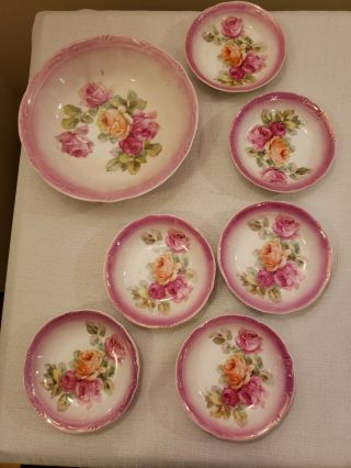 Vintage Og Germany Porcelain Dessert Bowls (6) And Soup Bowl (1) Pink Roses