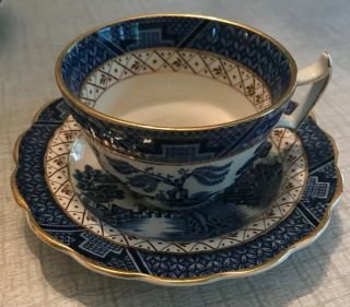 Rare Early Booths Real Old Willow Blue Scale Cup Saucer China Chinoiserie