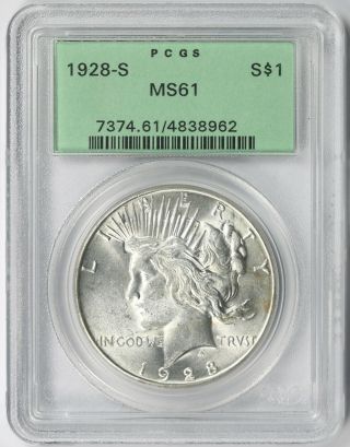 1928 - S Peace Dollar Silver $1 Ms 61 Pcgs Ogh