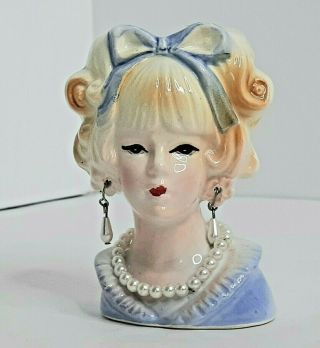 Miniature Lady Head Vase Japan Pearl Necklace Earrings Blue Bow Vintage