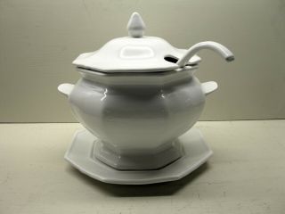 Vintage White California Usa 63 Large Soup Tureen W/ Lid Ladle & Underplate
