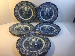 Vintage Staffordshire Liberty Blue Independence Hall China 5 Dinner Plates 10”