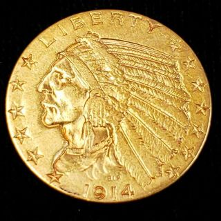 1914 D Us American Indian Head Half Eagle Gold $5 Dollar Collector Coin 1ihe1423