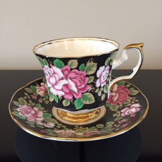 Elizabethan China Black With Pink Cabbage Roses Boho Teacup And Saucer
