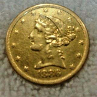 1886 S $5 Gold Coin Five Dollar Half Eagle