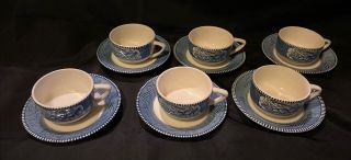 Vintage Currier And Ives Royal China Set Of 6 Tea Cups And 6 Saucers