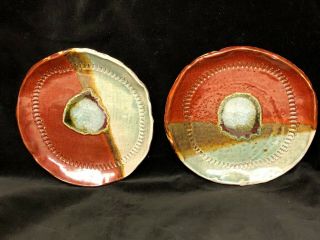 Pair Studio Art Pottery Signed Rs 7 " Plate Rust & Aqua Textured Rim Glaze
