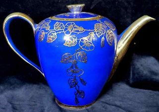 Kpm Krister Germany Porcelain Teapot Silver Overlay On Cobalt Blue