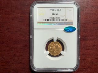 1925 - D $2.  5 Ngc Ms 63 Cac Indian Head Gold Quarter Eagle