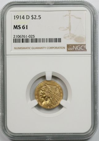 1914 - D $2.  5 Ngc Ms 61 Indian Head Gold Quarter Eagle