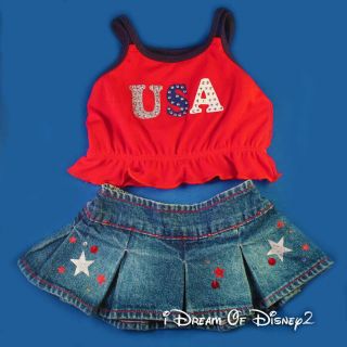 Build - A - Bear Usa Red Tank Top & Stars Denim Jean Skirt Teddy Clothes Outfit