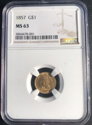 1857 G$1 Ngc Ms 63 Indian Princess Head Gold Dollar Type 3 True.  99