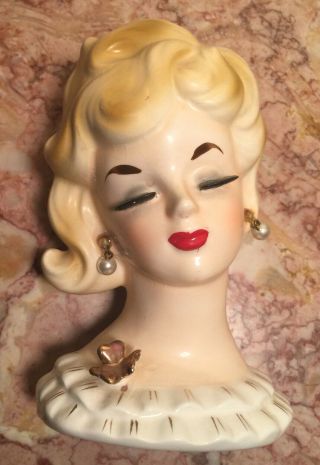 Vintage Napco Ware Lady Head Vase C5938 Blonde Hair White Gold Ruffled Dress 5 "