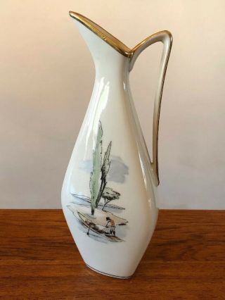 Vintage Alka Kunst Bavaria Pitcher Vase,  Gold Rim,  Rialto Ma,  Painted,  Fisherman