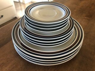 12pc Set Flair National Silver Blue Brown Stoneware Dinner Salad Saucer Plates