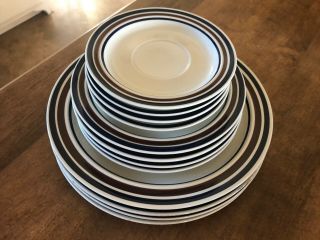 12pc Set Flair National Silver Blue Brown Stoneware Dinner Salad Saucer Plates 2