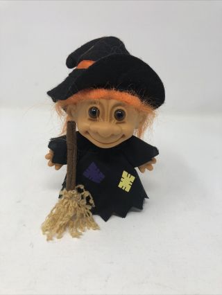 Russ Halloween Troll Doll 4 1/2” Orange Hair Brown Eyes Dressed As A Witch