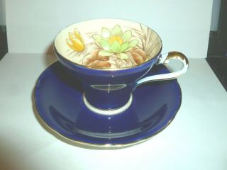 Aynsley Cobalt Blue Cup & Saucer With Water Lily Flowers