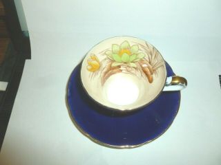 AYNSLEY COBALT BLUE CUP & SAUCER with WATER LILY FLOWERS 3