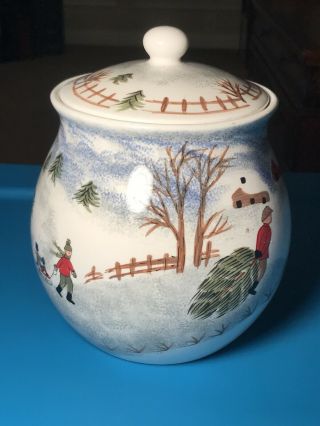 Folk Craft Winter Side By Tienshan 9 " Cookie Jar W/lid 2002