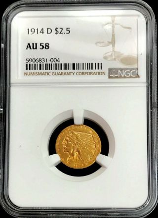1914 D Gold Us $2.  5 Indian Head Quarter Eagle Coin Ngc About Uncirculated 58