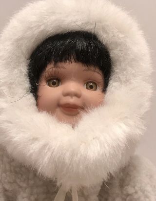 Alaska Eskimo Doll Porcelain Face Faux Fur 10 Inches Tall With Stand